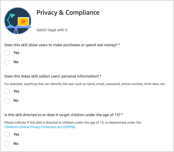 Răspundeți la întrebările de confidențialitate și conformitate pentru abilitățile dvs. Alexa.