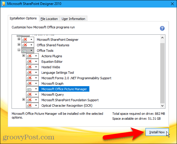 Faceți clic pe Install Now pentru a instala Microsoft Office Picture Manager din Sharepoint Designer 2010