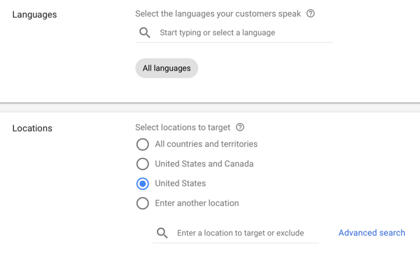 Cum să configurați o campanie publicitară YouTube, pasul 12, să setați opțiunile de afișare a limbii și a locației