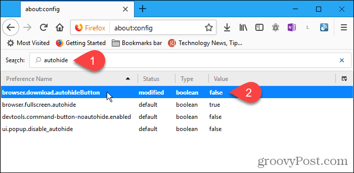 Faceți dublu clic pe setarea de configurare autohideButton în Firefox