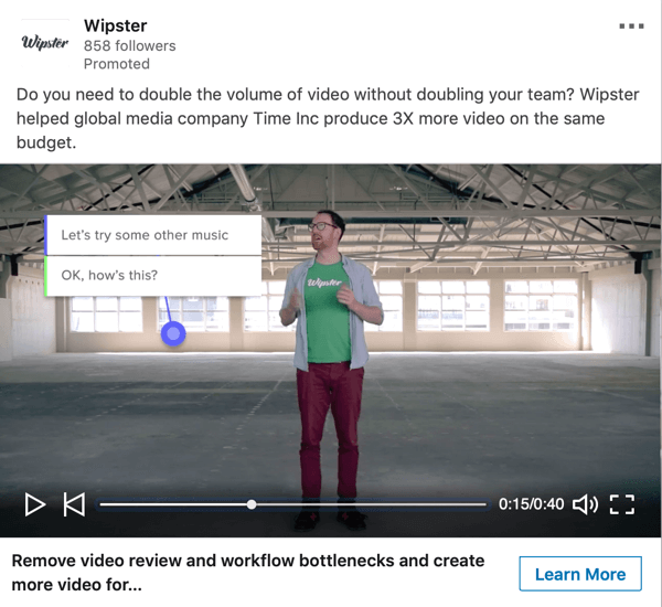 Cum să creați anunțuri bazate pe obiective LinkedIn, eșantion de anunțuri video sponsorizat de Wipster