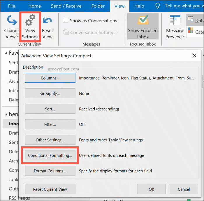 Butonul Opțiuni de formatare condiționată din Microsoft Outlook