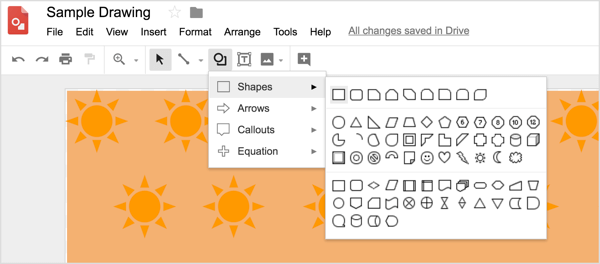 Selectați un instrument de formă și apoi desenați forma pe designul dvs. Google Drawings.