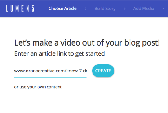 Adăugați adresa URL pentru postarea de pe blog din care doriți să creați un videoclip Lumen5.