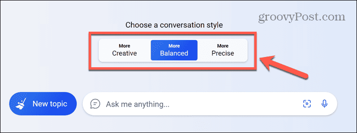 stilul de conversație prin chat bing