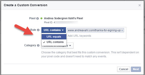 Regula URL a conversiilor personalizate pe Facebook