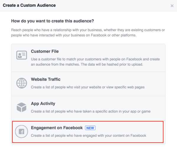 Selectați Engagement pe Facebook pentru a vă configura publicul personalizat pe Facebook.