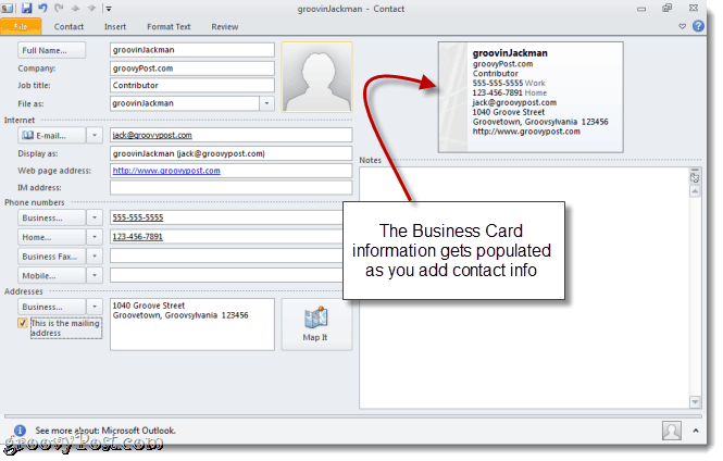Creați un vCard în Outlook 2010