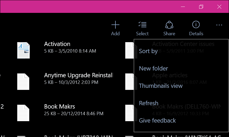Ferestrele aplicației OneDrive 10 5