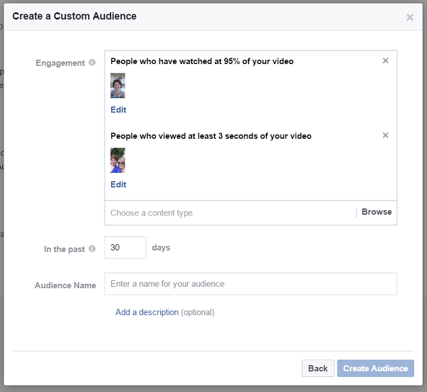 Creați un public personalizat de persoane care au vizionat diferite videoclipuri pe pagina dvs. de afaceri Facebook.