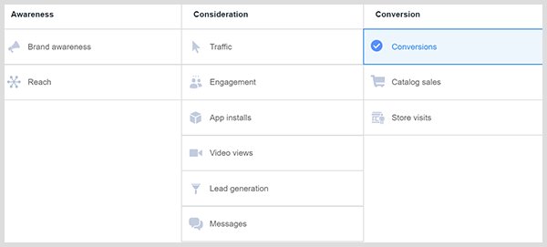 în Managerul de anunțuri Facebook, tabelul obiectivelor publicitare pe care îl vedeți cu conștientizarea, considerarea și conversia titlurilor coloanei. opțiunile pentru anunțuri de implicare sunt în coloana de considerație.