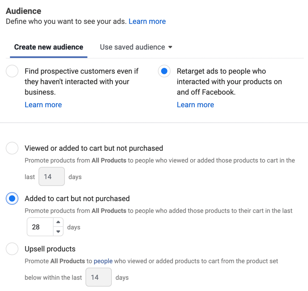 imaginea redirecționării reclamelor către persoanele care au interacționat cu produsele dvs. pe și în afara opțiunii Facebook selectate în Ads Manager