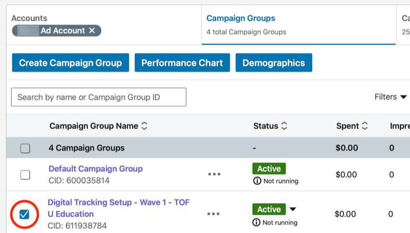 tabloul de bord al managerului de campanie linkedin cu noul grup de campanii evidențiat