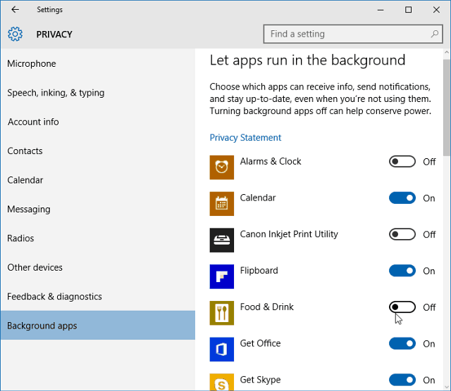 Dezactivați aplicațiile de fundal Windows 10