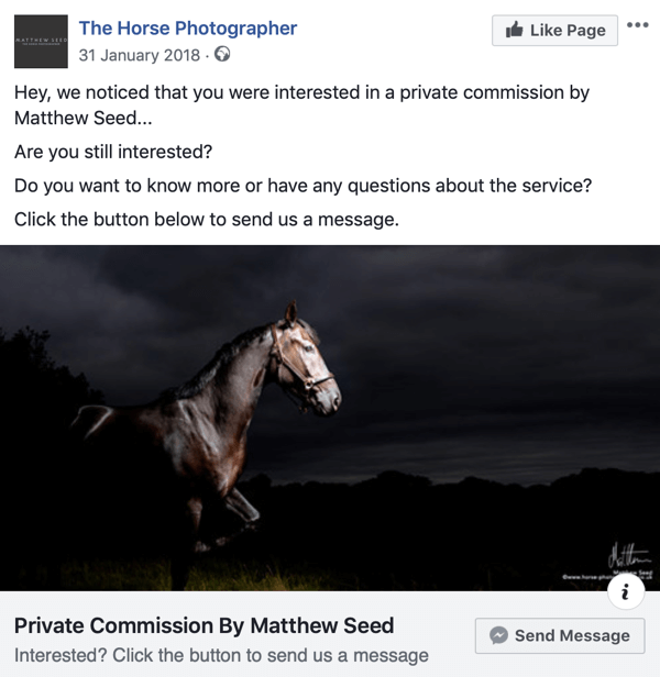Cum să convertiți vizitatorii site-ului web cu anunțuri Facebook Messenger, pasul 3, publicați un exemplu de The Horse Photographer