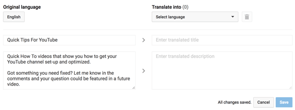 Introduceți un titlu tradus și o descriere pentru lista dvs. de redare YouTube.