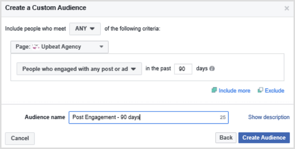 Alegeți opțiuni pentru a configura un public personalizat Facebook pe baza persoanelor care s-au implicat în orice postare sau anunț în ultimele 90 de zile