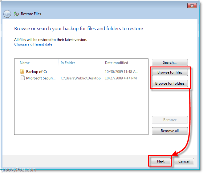 Windows 7 Backup - selectați ce fișiere sau foldere doriți să restaurați