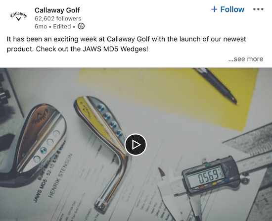Videoclipul Callaway Golf LinkedIn care anunță un nou produs
