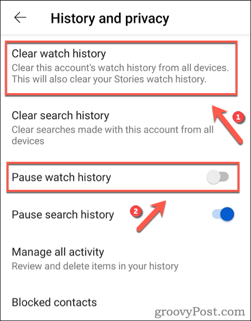Ștergerea istoricului vizionărilor YouTube pe Android.