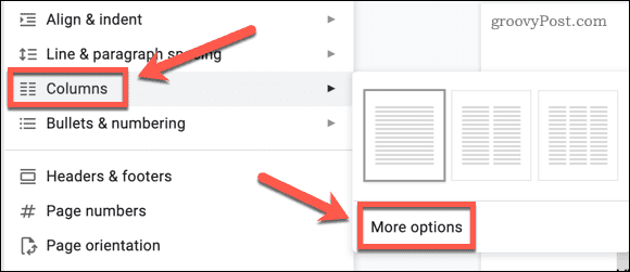 Selectarea opțiunilor de coloană în Google Docs