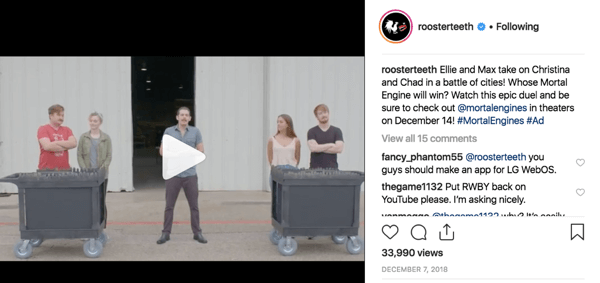 Exemplu de angajament superfan Rooster Teeth pe Instagram.