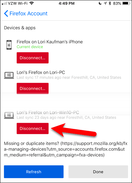 Deconectați un dispozitiv din Firefox pentru iOS