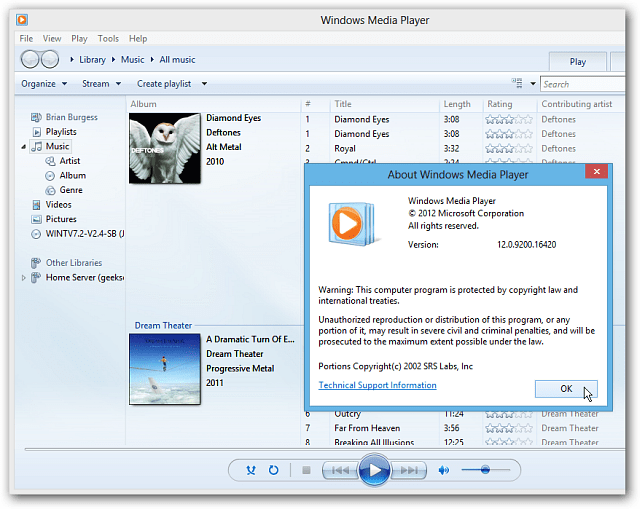 Windows Media Player pe Windows 8 Desktop