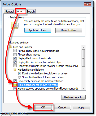 în fereastra de dialog cu opțiunile folderului Windows 7 faceți clic pe fila de vizualizare, apoi debifați extinderea ascunderii extensiilor pentru tipurile de fișiere cunoscute