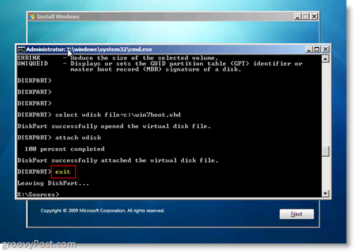 Windows 7 Native VHD Instalează prompt CMD Dual Boot Exit