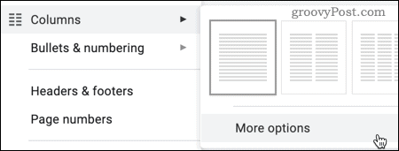 Opțiunea Mai multe opțiuni pentru coloane din Google Docs