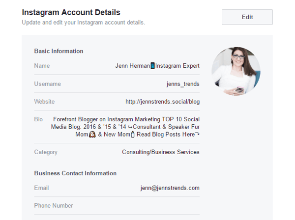 Puteți edita câteva detalii ale contului Instagram din setările paginii dvs. de Facebook.
