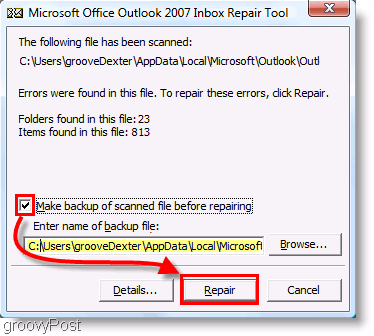 Screenshot - Meniul de reparații Outlook 2007 ScanPST