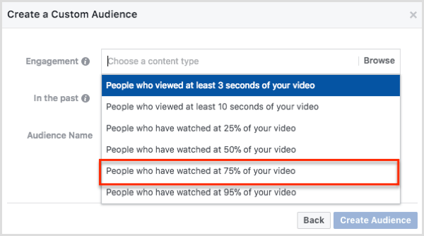 Selectați Persoane care au urmărit 75% din videoclipul dvs. în caseta de dialog Creați un public personalizat.