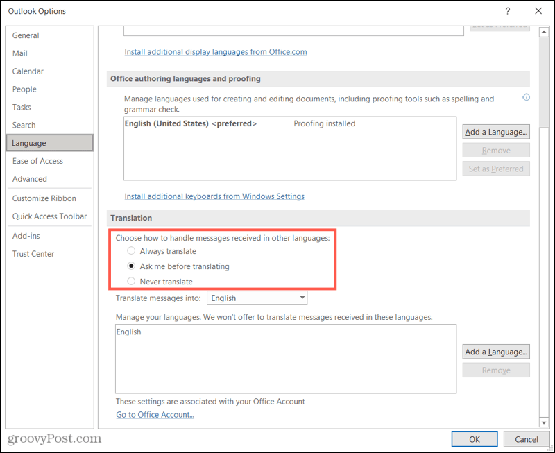 Setări de traducere în desktopul Outlook