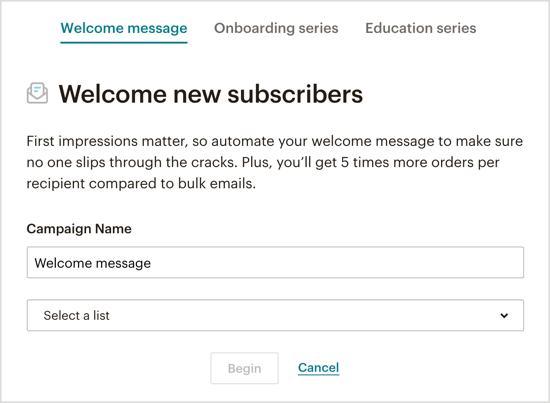 Selectați ce tip de e-mail de bun venit automat doriți să trimiteți prin botul Messenger. 