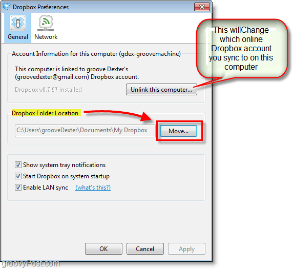Captura de ecran Dropbox - modifica locația implicită a dropboxului sau modifică / elimină conturile dropbox