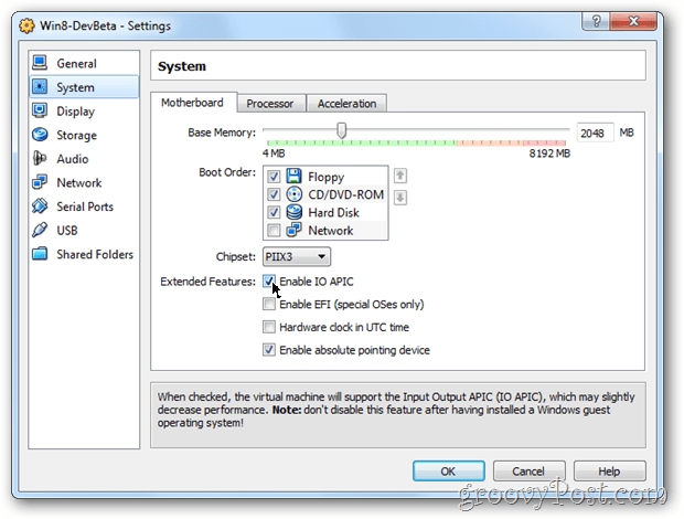 Configurarea configurației plăcii de bază a sistemului VirtualBox activează Windows 8 apic