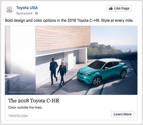 Anunțul de logodnă Facebook de la Toyota are Toyota C-HR turcoaz și are un buton Aflați mai multe.