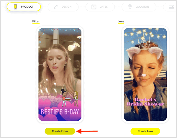 Faceți clic pe Creați filtru pentru a configura un geofiltru Snapchat pentru evenimentul dvs.