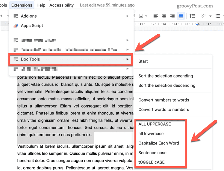 Schimbarea majusculei textului utilizând suplimentul Doc Tools din Google Docs