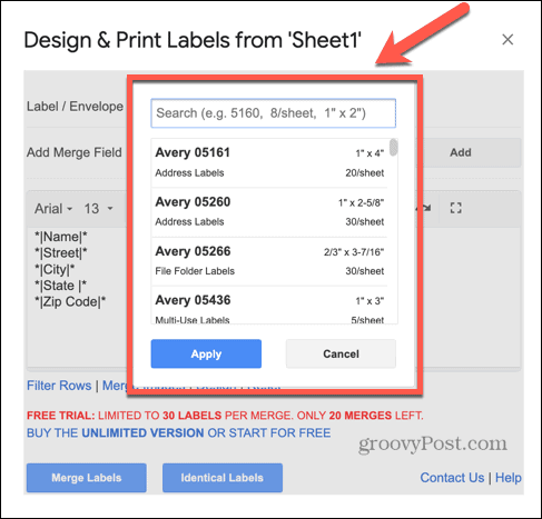 tipuri de etichete Google sheets