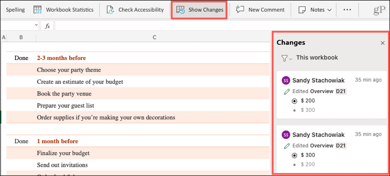 Afișați modificările în Excel online