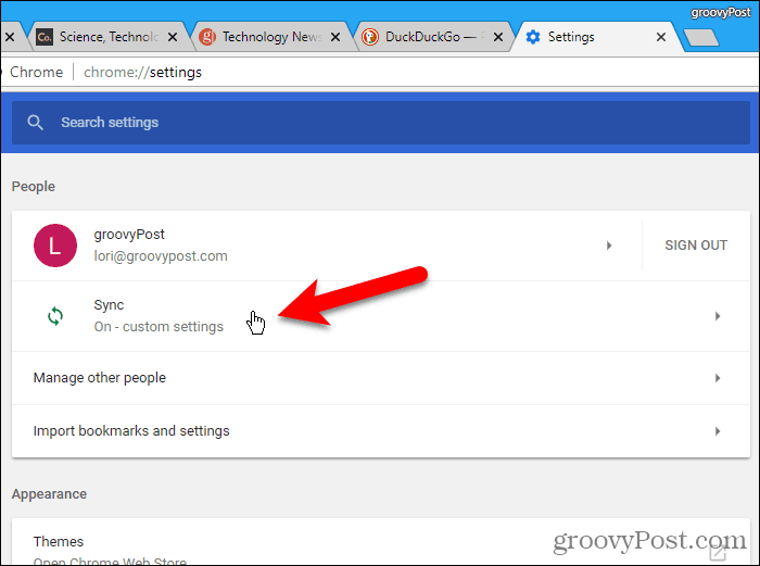 Faceți clic pe Sincronizare pe ecranul Setări Chrome din Windows