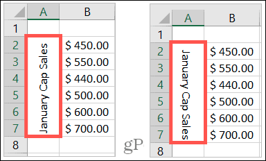 Text rotit în sus și în jos în Excel