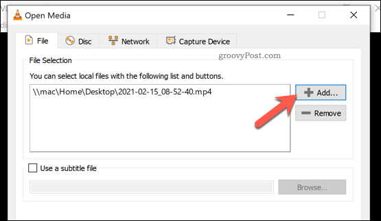 Adăugarea unui fișier de convertit în VLC pe Windows