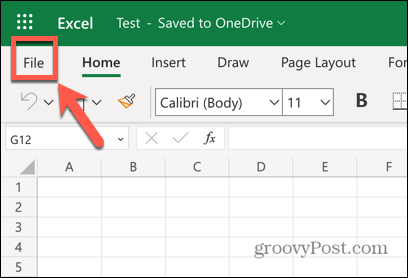 Meniul fișierului aplicației web Excel
