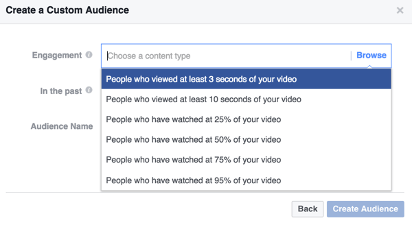 Selectați criteriile de implicare pentru publicul dvs. video personalizat de pe Facebook.