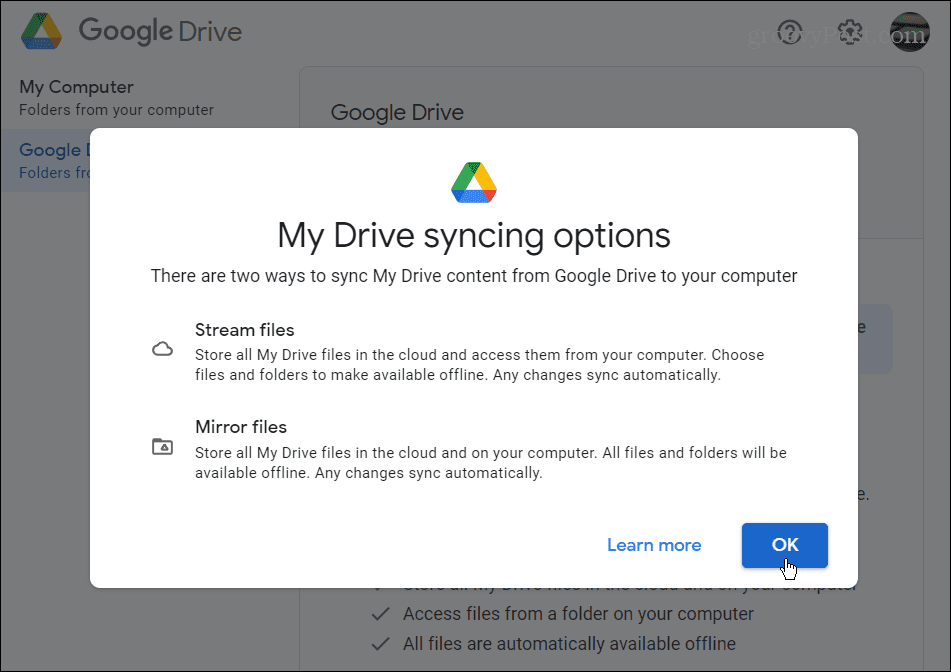 Setări de sincronizare Google Drive