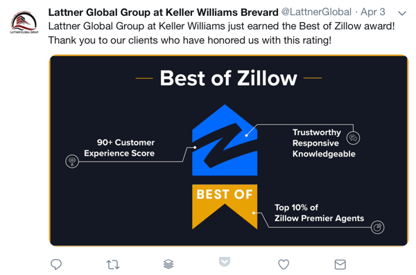 Cum se folosește dovada socială în marketing, exemplu de premiu și mulțumire socială către clienți de către Lattner Global Group la Keller Williams Brevard